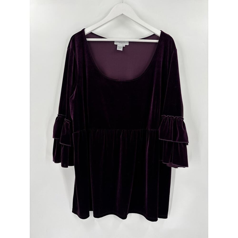 Theme Vintage Velvet Blouse Womens 3X Purple Babydoll Scoop Neckline Bell Sleeve